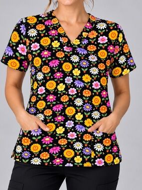 Women’s Medium Peaches Uniforms Floral Scrub Top